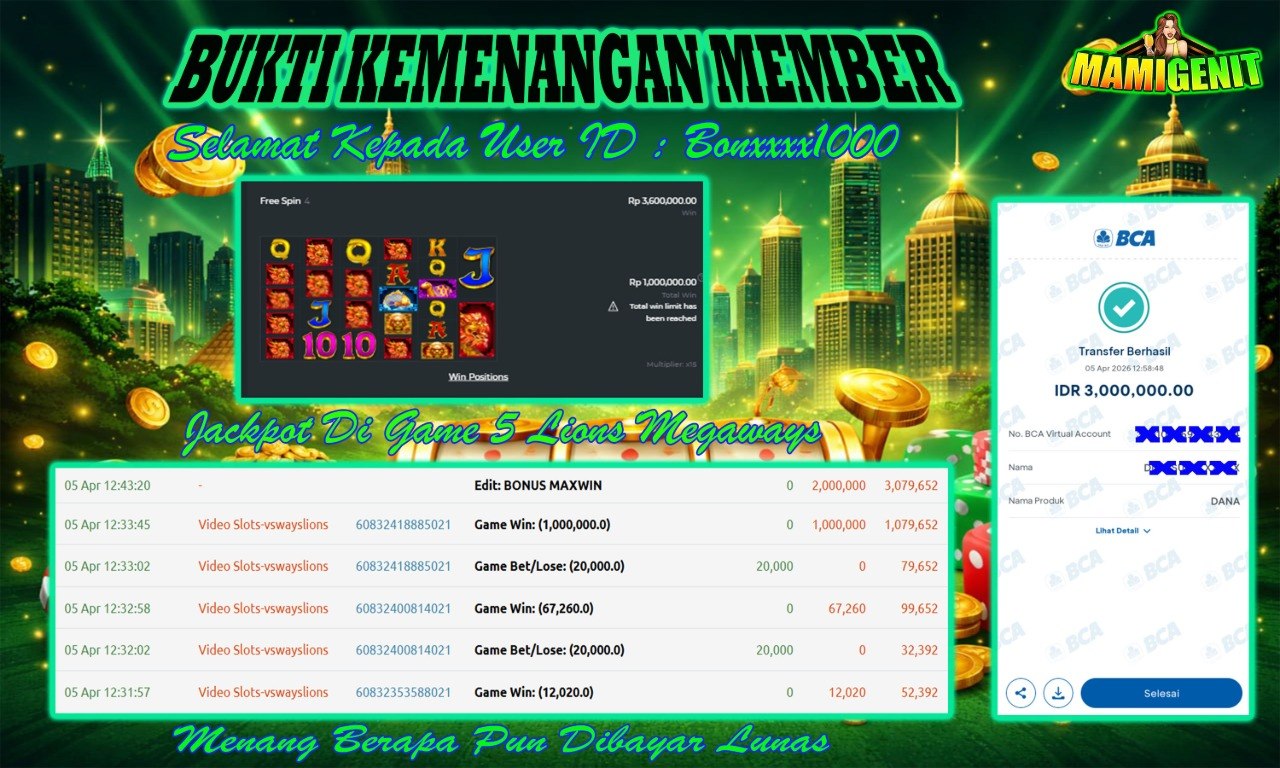 MAMIGENIT - JACKPOT DI SEBESAR RP.3,000,000,- DI GAME 5 LIONS MEGAWAYS