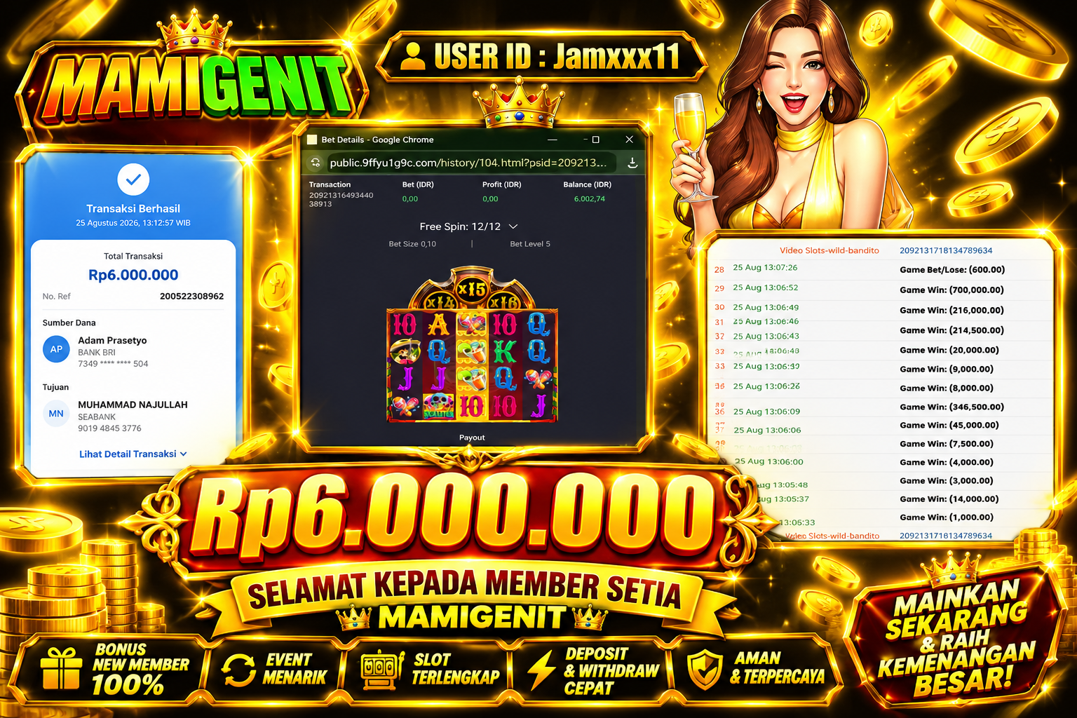 MAMIGENIT - JACKPOT DI SEBESAR RP.6,000,000,- DI GAME WILD BANDITO