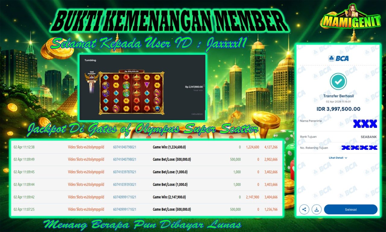 MAMIGENIT - JACKPOT DI SEBESAR RP.3,997,500,- DI GAME GATES OF OLYMPUS SUPER SCATTER